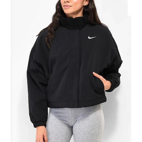 Nike Sportswear Essential Black Fleece Lined Jacket Womens Medium - Picture 1 of 9